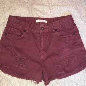 Maroon distressed denim shorts